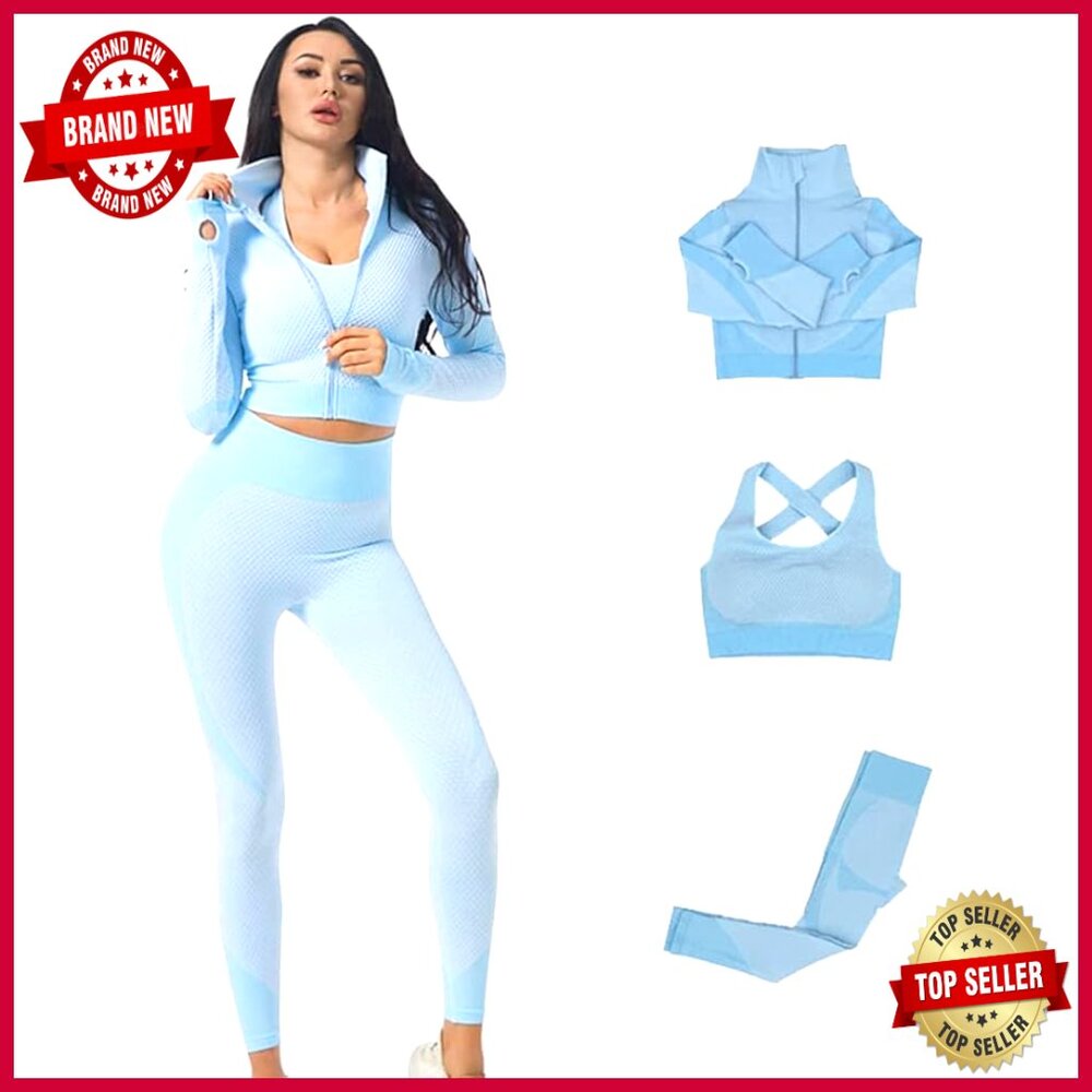 3-Piece Seamless Gym Set With Jacket Bra Leggings Workout Outfit
